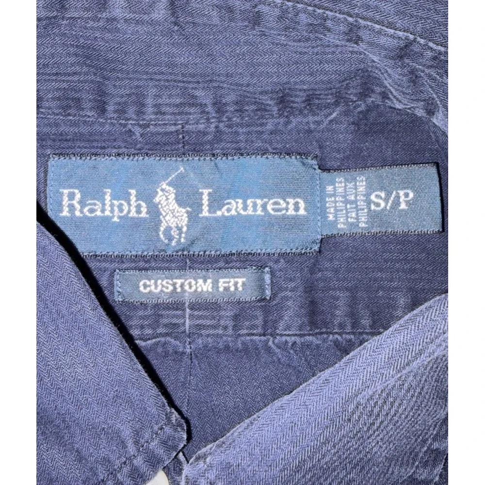 Polo Ralph Lauren Small Navy Blue Seersucker Button Down Long Sleeve Custom Fit